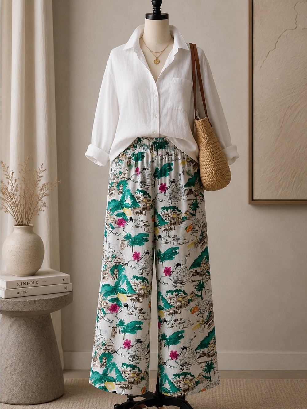 Cynthia Rowley Amalfi Coast Linen Wide Leg Crop Pants Italy Print Sz Large